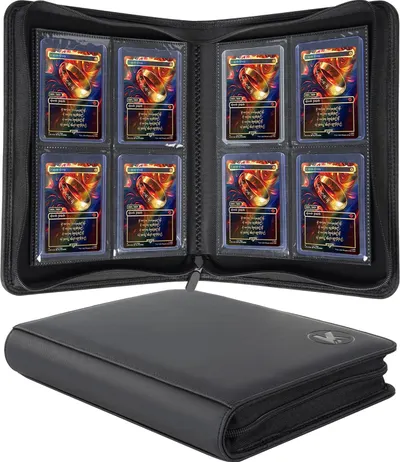 Showcases the product's capacity and organization features for storing collectible cards. Demonstrates the binder's interior layout with multiple card slots and secure zipper closure.