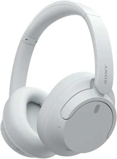 Showcases the sleek, minimalist design of the white wireless headphones to highlight their aesthetic appeal and modern look.