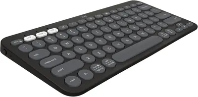 Showcases the sleek, compact keyboard design and highlights its ability to connect to multiple devices.