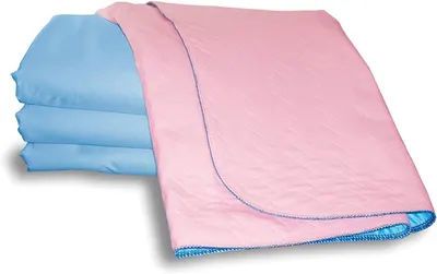 Shows multiple color options (pink and blue) for the product, likely bed pads or incontinence sheets.