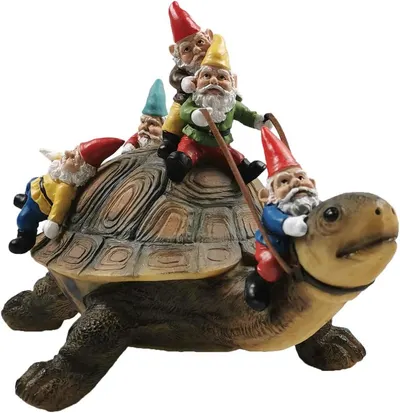 Showcases the whimsical garden decoration featuring multiple gnomes riding a turtle, highlighting the product's unique and playful design.