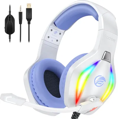 Showcases the product's design and RGB lighting feature to appeal to gamers looking for an attractive and functional headset. Displays the included cables to highlight multiple connectivity options,…