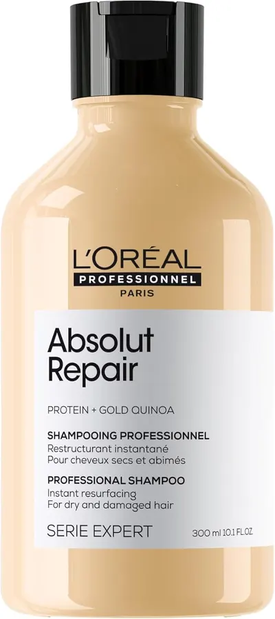 Showcases the product's professional-grade formula for repairing damaged hair, emphasizing its effectiveness for dry and damaged hair types.