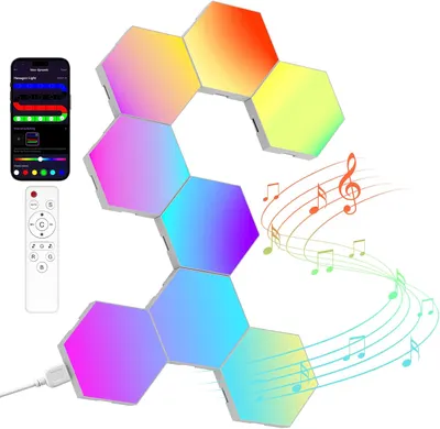 Showcases the hexagonal smart lighting panels in various colors to highlight their customizable RGB lighting capabilities. Demonstrates the included smartphone app and remote control for easy…