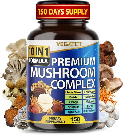 Showcases the product's packaging and highlights the large 150-day supply to emphasize value. Also displays various mushroom ingredients to communicate the complex formula.