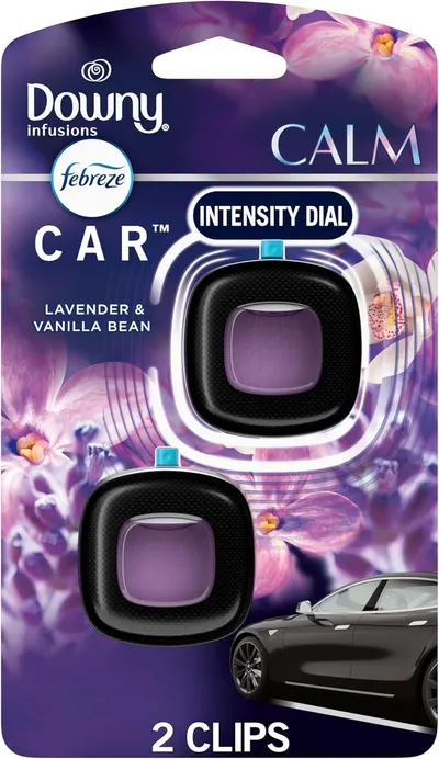 Shows the retail packaging of the car air freshener product to communicate brand identity and highlight the scent.