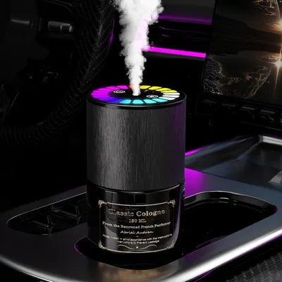 Showcases the product's visual appeal and functionality through colorful LED lighting and visible mist output. Displays the core product clearly in a car cup holder setting to demonstrate its…