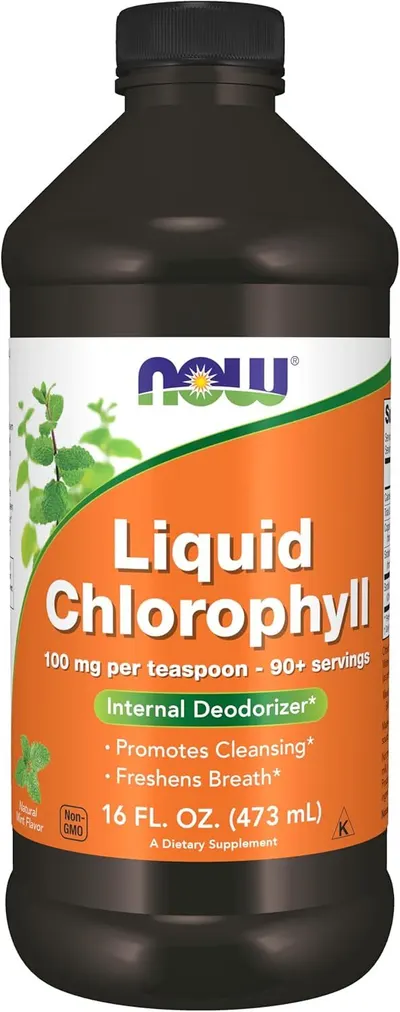 Showcases the product bottle clearly to highlight the liquid chlorophyll supplement and its key benefits. Displays the product packaging and label to communicate brand, ingredients, and usage…