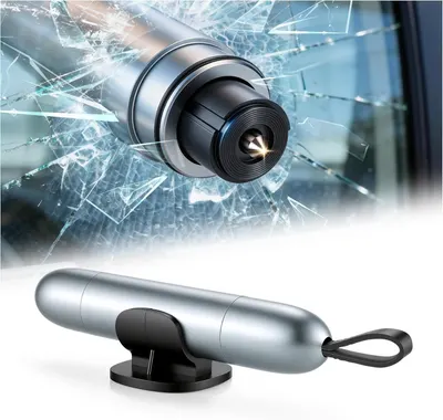 Showcases the product's sleek, portable design and highlights its safety features for breaking car windows in emergencies.