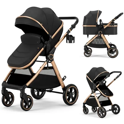 Showcases the complete stroller system including seat, bassinet, and frame to demonstrate versatility and value. Highlights the premium design with gold-colored frame and accents to appeal to…