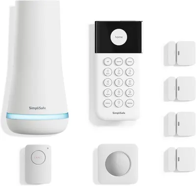 Showcases the complete set of components included in the SimpliSafe home security system, demonstrating the comprehensive nature of the product. Displays all the individual components that come with…