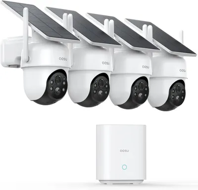 Showcases a set of solar-powered security cameras to highlight the product's eco-friendly and wireless features. Displays the complete security system including multiple cameras and a central base…