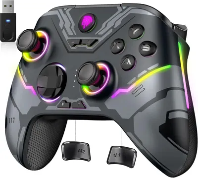 Shows the buyer exactly what is included in the purchase: the gaming controller, wireless USB receiver, and two removable back paddle attachments.