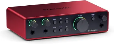 Displays the Focusrite Scarlett 2i2 audio interface clearly on a white background to help shoppers identify the product and its professional design with visible controls and branding.