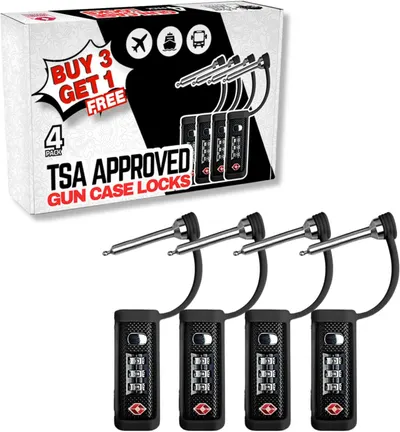 Shows the shopper exactly what they will receive: four TSA-approved gun case locks with cables, displayed alongside the retail packaging to communicate value and completeness of the bundle. Displays…