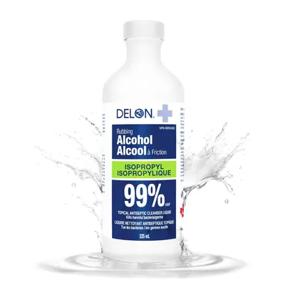 The image uses dynamic water splash graphics around the product to create visual interest and emphasize freshness and cleanliness, enhancing the appeal of the rubbing alcohol product.