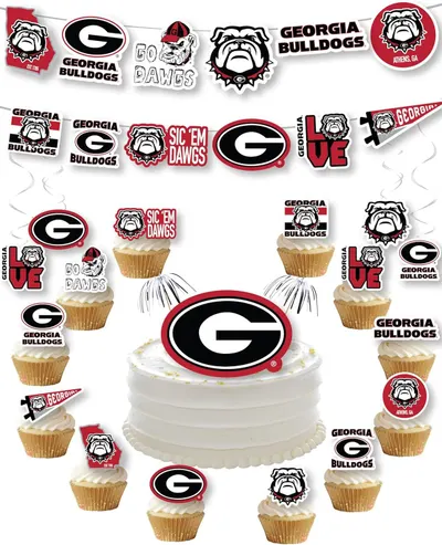 Shows all items included in the purchase such as banners, cupcake toppers, and cake decorations to help buyers understand exactly what they will receive.