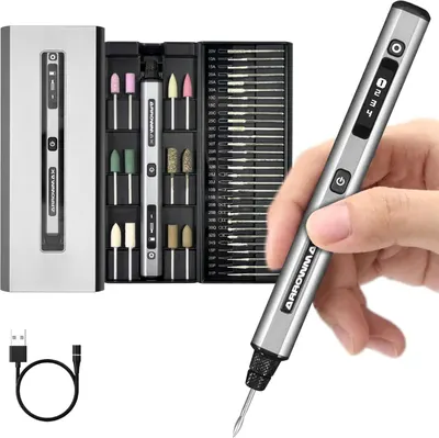 Shows buyers exactly what they will receive: a precision screwdriver tool, organized case with multiple bits and attachments, and USB charging cable.