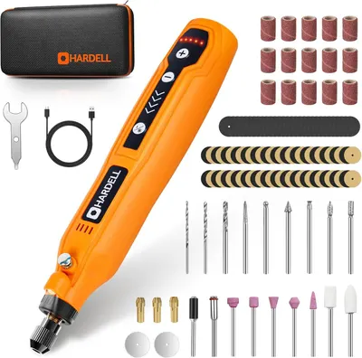 Shows buyers exactly what they will receive in the purchase, including the main rotary tool, carrying case, charging cable, wrench, and all included attachments and accessories.