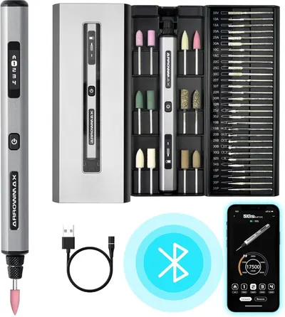 Shows buyers exactly what they will receive in the purchase, including the electric nail drill, multiple drill bits, USB charging cable, and Bluetooth connectivity for app control.