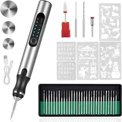 Shows buyers exactly what they will receive in the purchase, including the engraving tool, multiple bits, blades, stencils, USB cable, and all accessories.