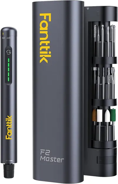 Shows the buyer all included components: the main rotary tool, storage case, and full set of drill bits and accessories, demonstrating the complete value of the purchase.