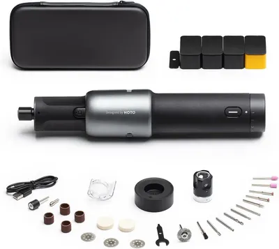 Shows buyers exactly what they will receive in the purchase, including the main tool, carrying case, battery pack, and all included attachments and accessories.