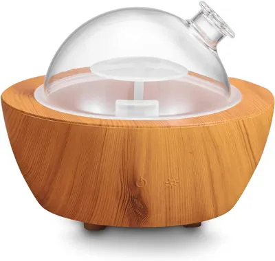 Displays the complete product clearly on a white background to show the wood grain aesthetic and transparent dome feature, helping shoppers identify the aromatherapy diffuser or humidifier being sold.