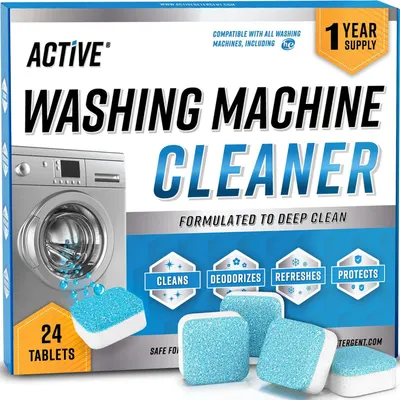 Shows the washing machine cleaner tablets alongside their branded retail box to communicate professionalism, brand identity, and what the customer will receive.