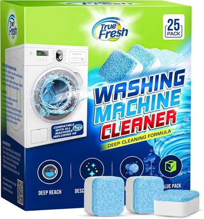 Shows the product in its branded retail packaging alongside the actual cleaning tablets to communicate professionalism, brand identity, and what the customer will receive.
