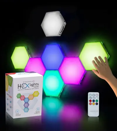 Shows the buyer exactly what is included in the purchase: the hexagonal magnetic lights, product packaging, and remote control, demonstrating the complete package and functionality.