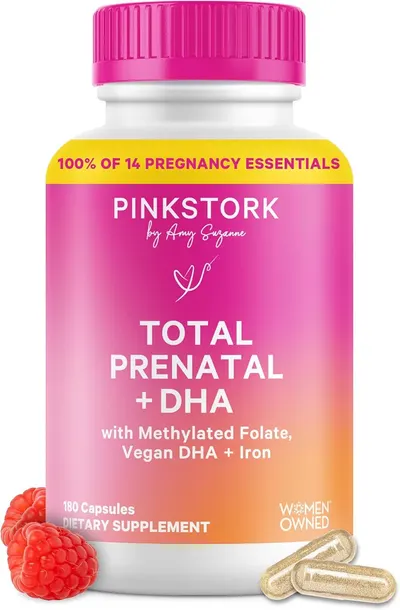 Displays the product in its retail packaging to communicate brand identity, professionalism, and the comprehensive prenatal vitamin formula with DHA and essential nutrients for pregnancy.
