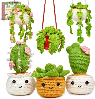 Shows buyers all the crochet plant items included in the purchase, including hanging planters and potted cacti with cute faces, to communicate the full value of the set. Displays the branded…