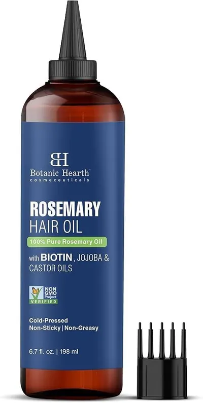 Shows the buyer exactly what they will receive: the rosemary hair oil bottle and the included applicator tips for precise application.