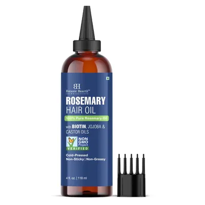Shows the buyer exactly what is included in the purchase: the rosemary hair oil bottle and the applicator comb attachment for easy scalp application.
