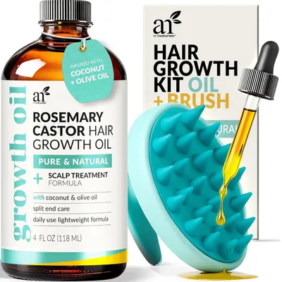 Shows buyers exactly what they will receive in the purchase: a hair growth oil bottle, scalp massage brush, dropper applicator, and product packaging.