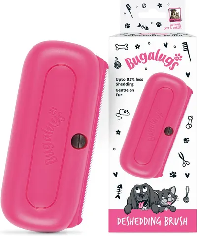 Shows the product alongside its branded retail packaging to communicate professionalism and what the customer will receive, while highlighting the deshedding brush feature for pets.