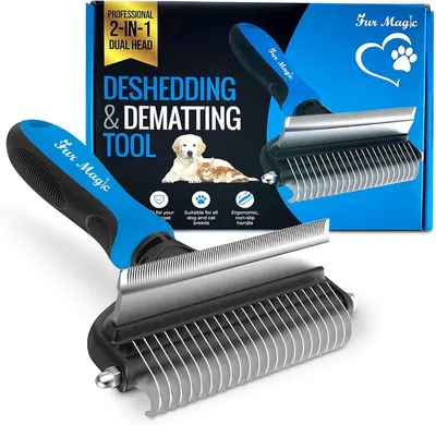 Shows the product alongside its retail packaging to communicate brand identity, professionalism, and what the customer will receive, emphasizing the dual-head deshedding and dematting functionality.
