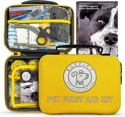 Shows buyers exactly what is included in the pet first aid kit, displaying all the medical supplies, tools, and handbook they will receive to reassure them of the product's completeness and value.