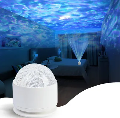 Demonstrates the product in use within a bedroom setting to show how it creates an immersive ocean wave light projection effect for relaxation and ambiance.