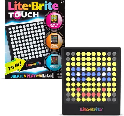 Shows the Lite-Brite Touch product alongside its branded retail box to communicate what the customer will receive and establish brand identity and retail readiness.