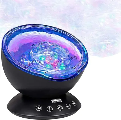 Showcases the product with enhanced visual effects including colorful light projections and water-like textures to demonstrate the ambient lighting feature and create emotional appeal.