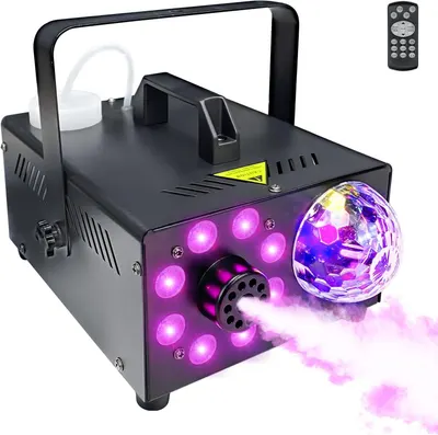 Shows the buyer exactly what is included in the purchase: the fog machine with lighting effects and the wireless remote control for convenient operation.