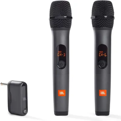 Shows buyers exactly what they will receive: two wireless microphones with digital displays and a wireless receiver unit, demonstrating the complete system included in the purchase.