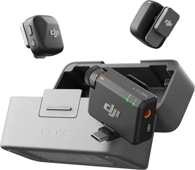 Shows all included components of the DJI wireless microphone system to communicate exactly what the buyer will receive in the package.