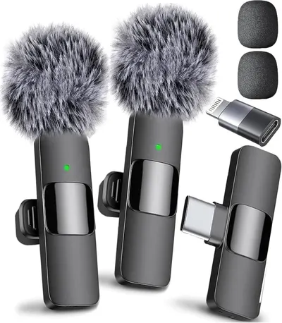 Shows all included items in the package, including microphones with windscreens, foam covers, and multiple connector adapters to demonstrate complete value and compatibility.
