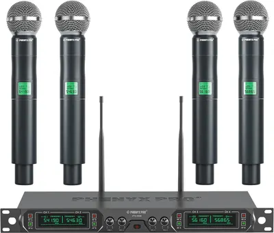 Shows buyers exactly what they will receive: a complete 4-channel wireless microphone system including four handheld microphones with LCD displays and a rack-mountable receiver unit.