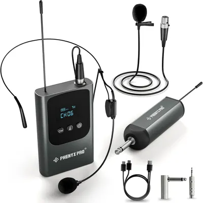 Shows buyers exactly what they will receive in the box, including the wireless receiver, transmitter, multiple microphones, cables, and adapters to demonstrate the complete package value.