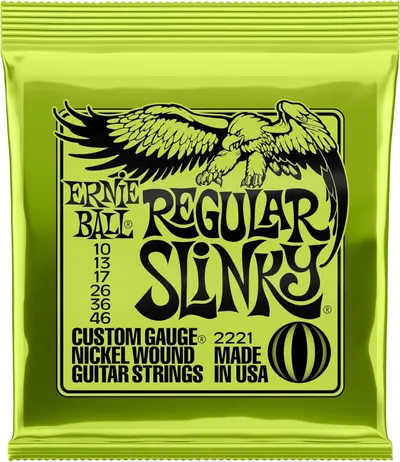 Shows the product in its retail packaging to communicate brand identity and help shoppers identify the specific Ernie Ball Regular Slinky guitar strings they are purchasing.