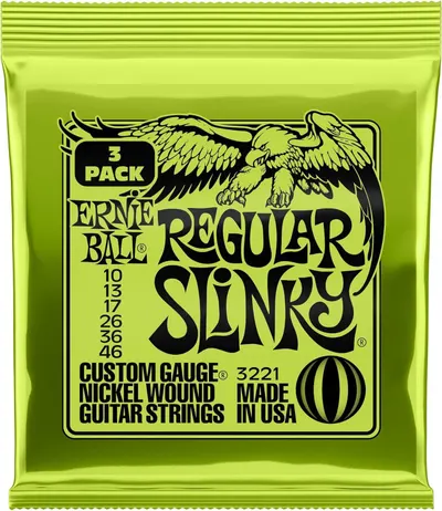 Shows the Ernie Ball Regular Slinky guitar strings package clearly on a white background to help shoppers identify the product and its specifications.